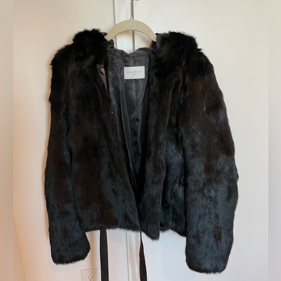 Sandro Size T2 Black Rabbit Hood Fur Coat - Picture 2 of 16
